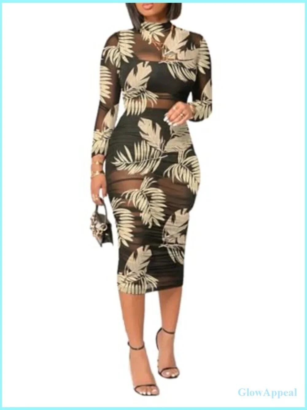 Sheer Mesh Bodycon Midi Dress Long Sleeve 3 Piece Outfit Set Floral